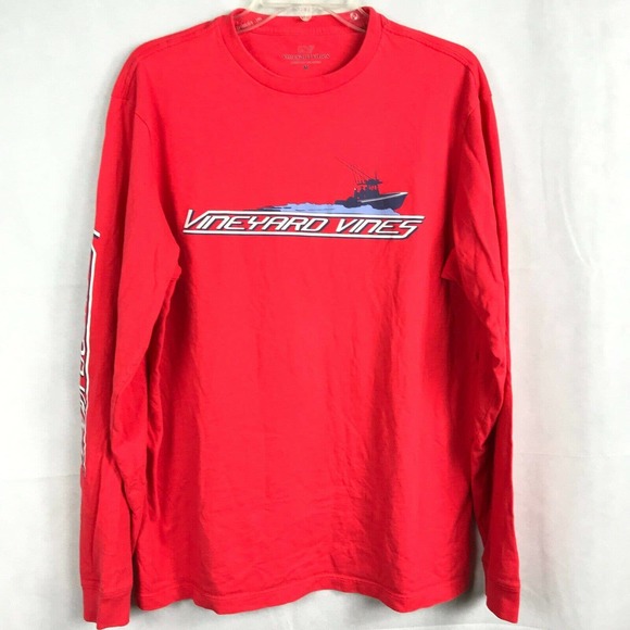 Vineyard Vines T-Shirt Mens Sz M Red Graphic Logo Cotton Long‎ Sleeve Stretch - Picture 1 of 9